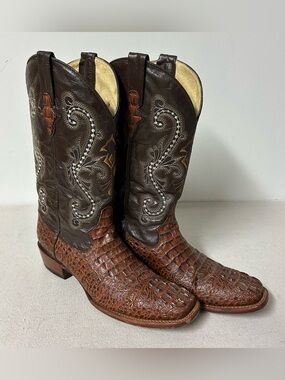 Ferrini Boots Mens 11 Brown Leather Caiman Croc Print